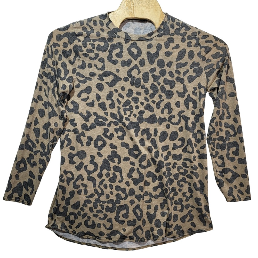 BOMBOM Womens XL Leopard Print Long Sleeve Crewneck Top Tan Grey TL1 Made in USA